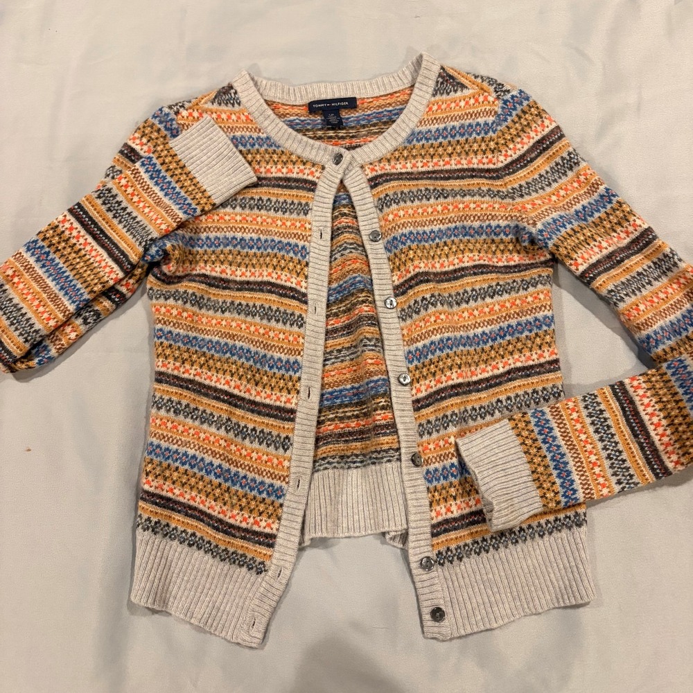 Tommy Hilfiger Fair Isle Cardigan Sweater Wool Blend Cottage Fall Grandma Small